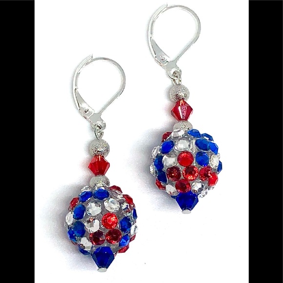 USA Colors Red White and Blue Shambala Disco Ball Silver Stardust Drop Earrings - Picture 1 of 3